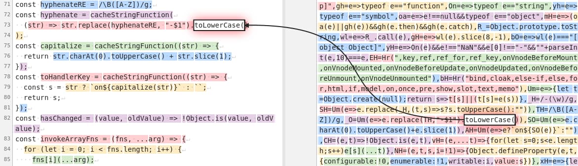 Arrow pointing a part of minified code back to the original code