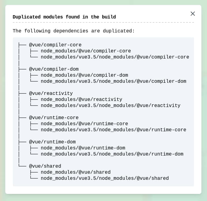 Modal with a list of dependencies installed in multiple versions and their paths