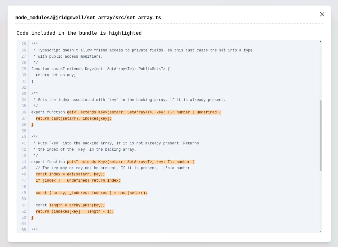 Modal containing the code of the selected file with the code included in the final bundle highlighted